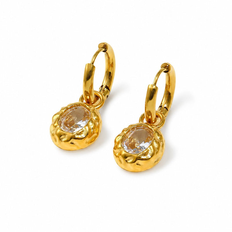 18K Gold Plated Textured Oval Drop Hoop Earring, Jia