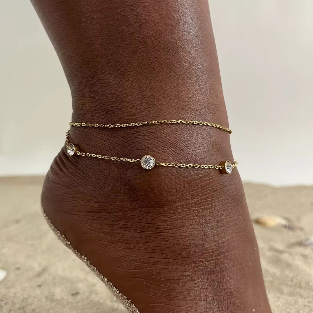 18kt Gold Plated Double Layered Round Zircon Dainty Anklet, Elma