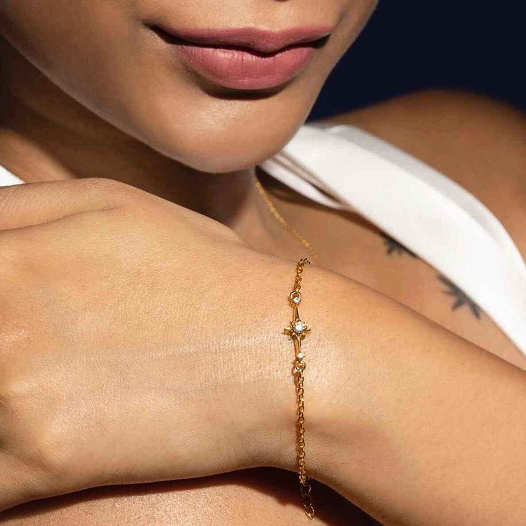 18KT Gold Plated Sterling Silver Cosmic Star Bar Stackable Bracelet, Bianca