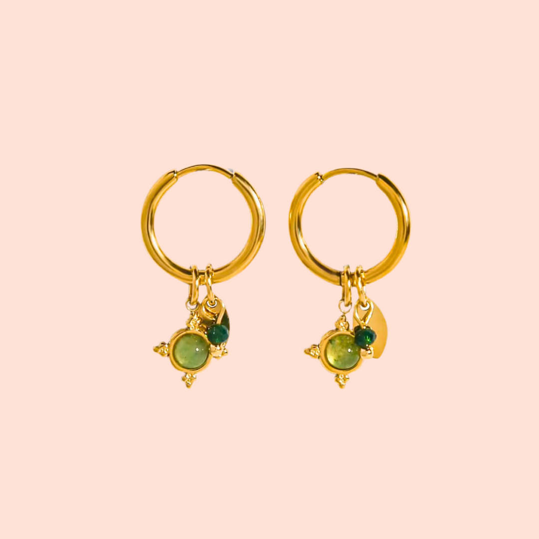 18kt Gold Plated Green Aventurien Stone and Crystal Earrings, Agate