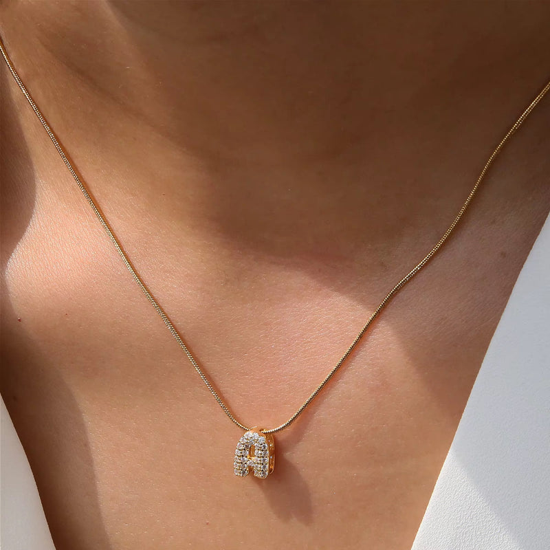 Personalised 18KT Gold Plated Waterproof Diamond Bubble Initial Name Necklace