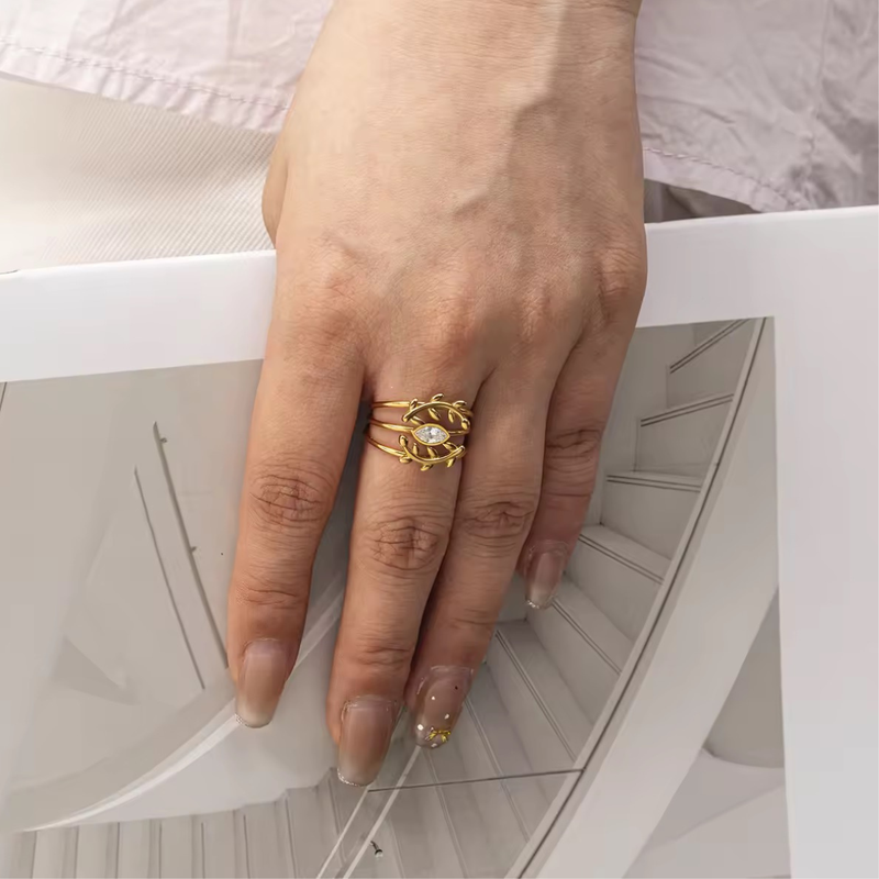 18KT Gold Plated Marquise Leaf Triple Band Ring – Willow