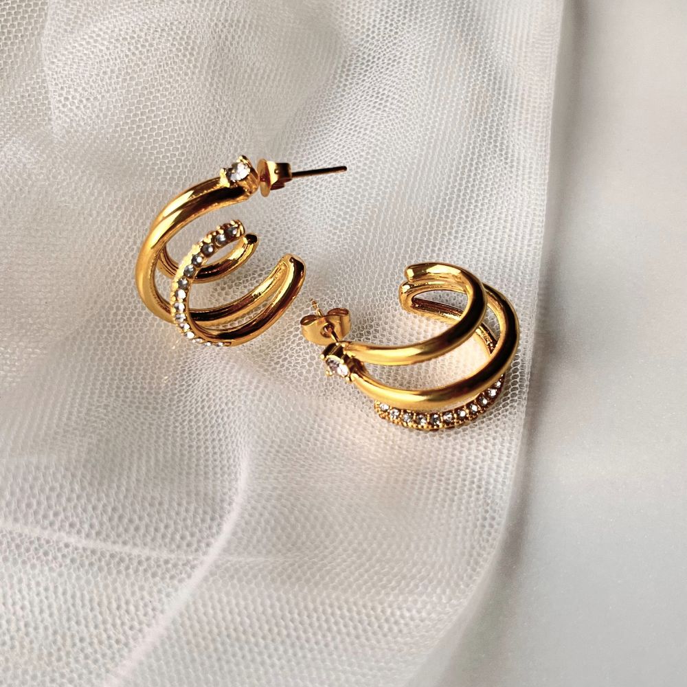 18Kt Gold Plated Triple Hoop Zircon Earrings, Natalie - Inaya Accessories