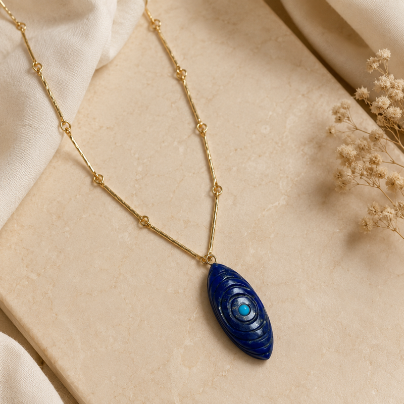 18KT Gold Plated Bar Link Chain Necklace with Carved Lapis Lazuli Evil Eye Pendant