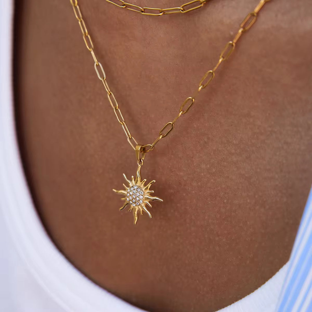 Inaya Modern Festive 18KT Gold Plated White Rhinestone Sun Pendant Double Layered Necklace, Sun