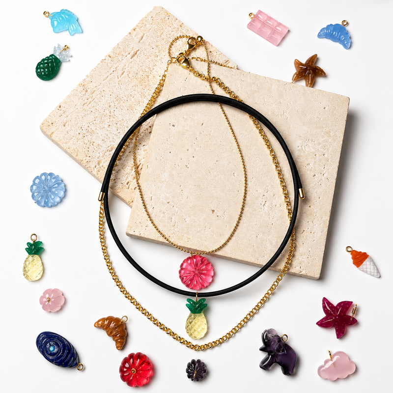 18KT Gold Plated Personalised Carved in Stone Charm Necklace, The Maya Collection
