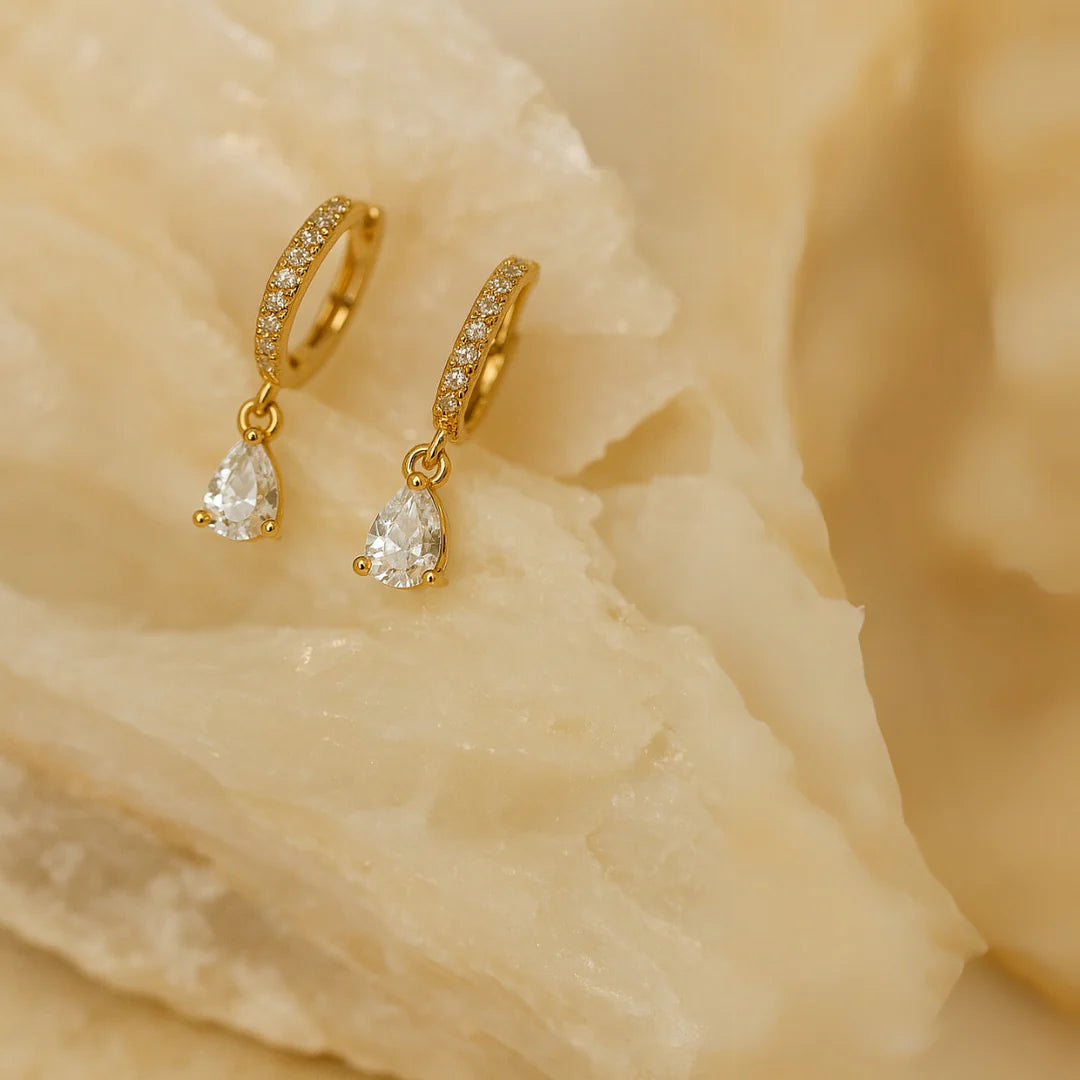 18kt gold plated demi fine white zircon water droplet huggie drop earrings, aiden