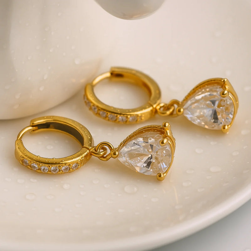 18kt Gold Plated Demi Fine White Zircon Water Droplet Huggie Drop Earrings, Aiden