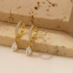 Load image into Gallery viewer, 18kt Gold Plated Demi Fine White Zircon Water Droplet Huggie Drop Earrings, Aiden
