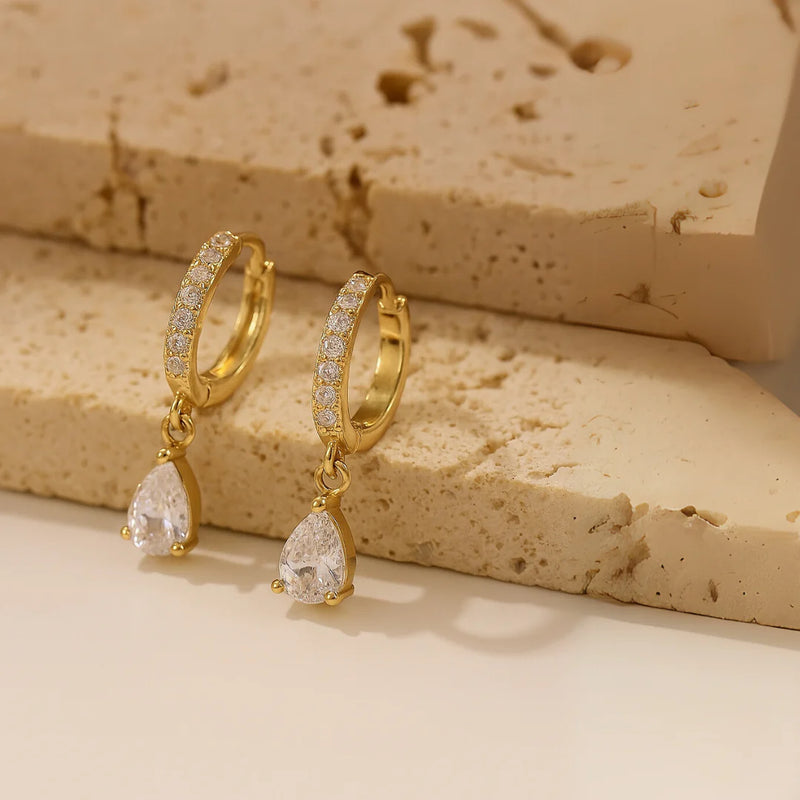 18kt Gold Plated Demi Fine White Zircon Water Droplet Huggie Drop Earrings, Aiden