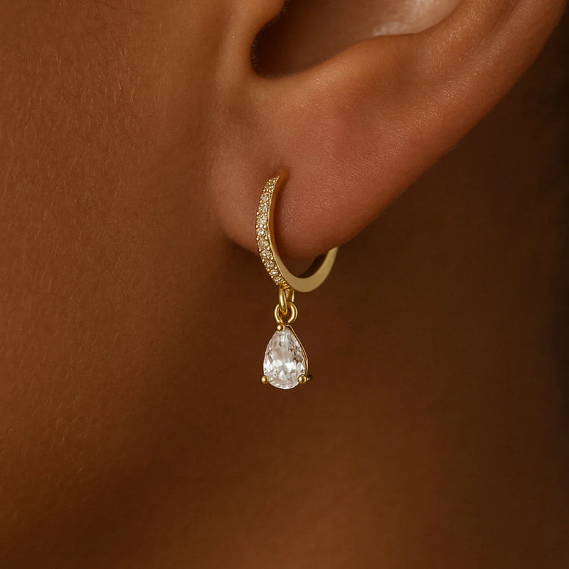 18kt Gold Plated Demi Fine White Zircon Water Droplet Huggie Drop Earrings, Aiden