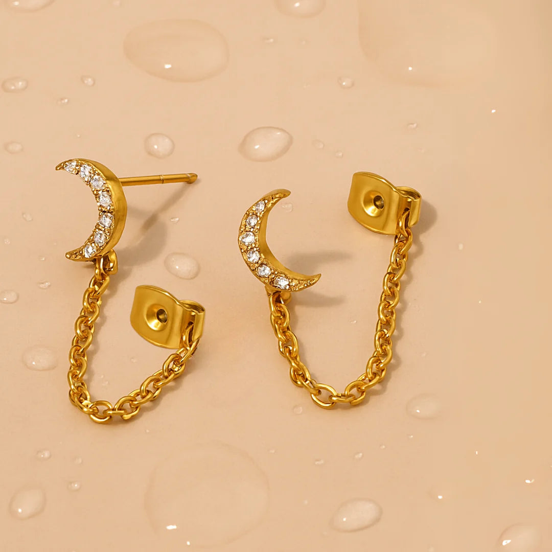18kt Gold Plated Demi Fine White Zircon Shining Half Moon Piercing Chain Earrings, Amber