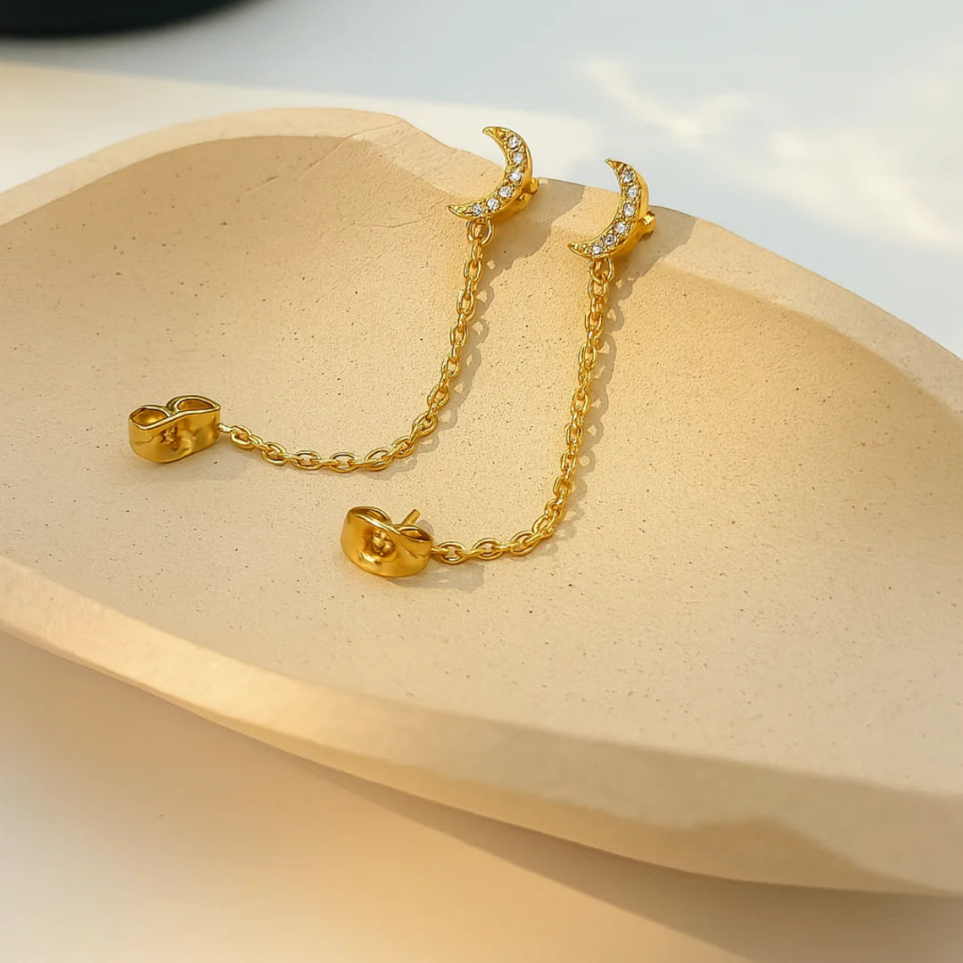 18kt Gold Plated Demi Fine White Zircon Shining Half Moon Piercing Chain Earrings, Amber