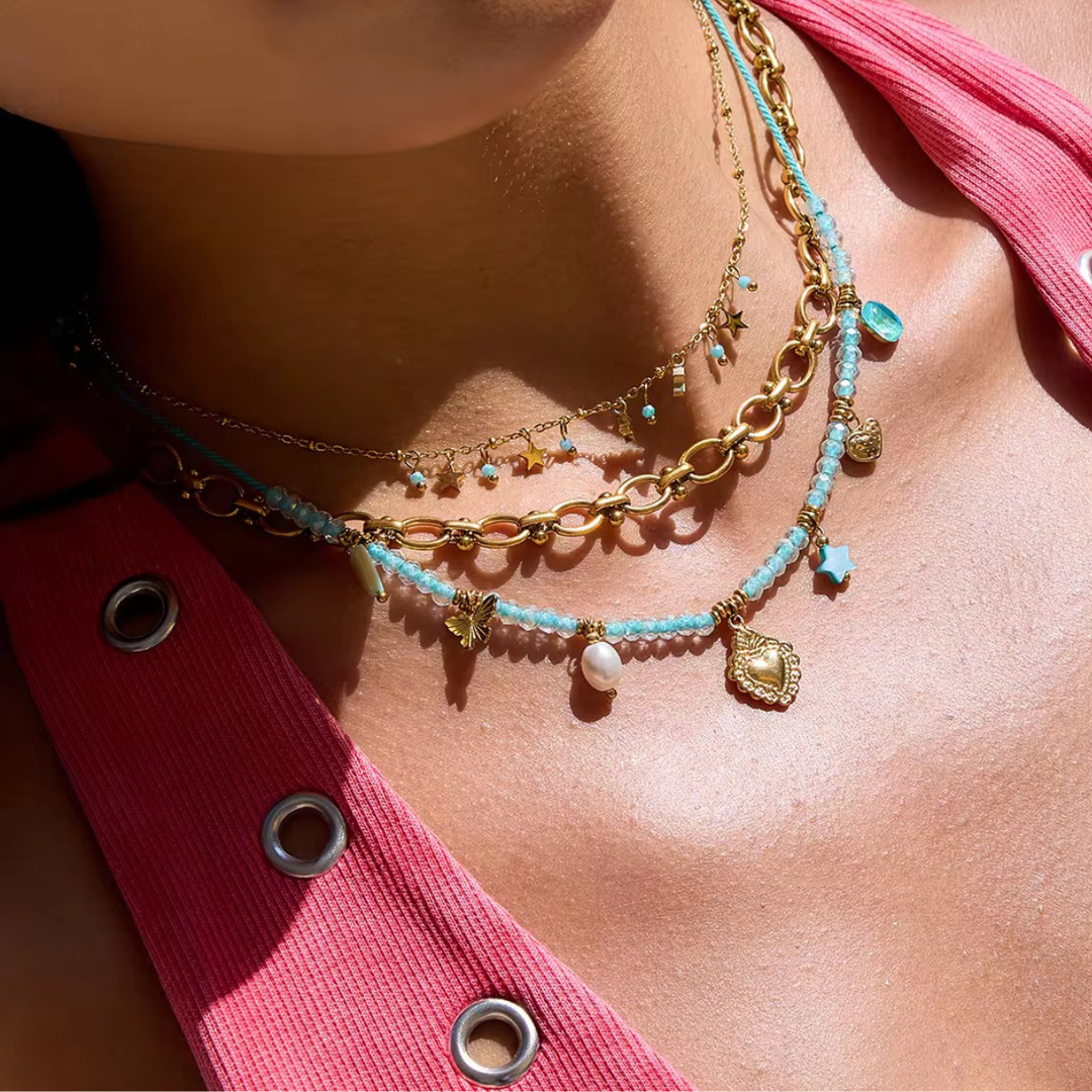 Amalfi Set of 3 Necklaces, 18KT Gold Plated Stainless Steel Rope Charm, Trinket & Paperclip Necklace Set