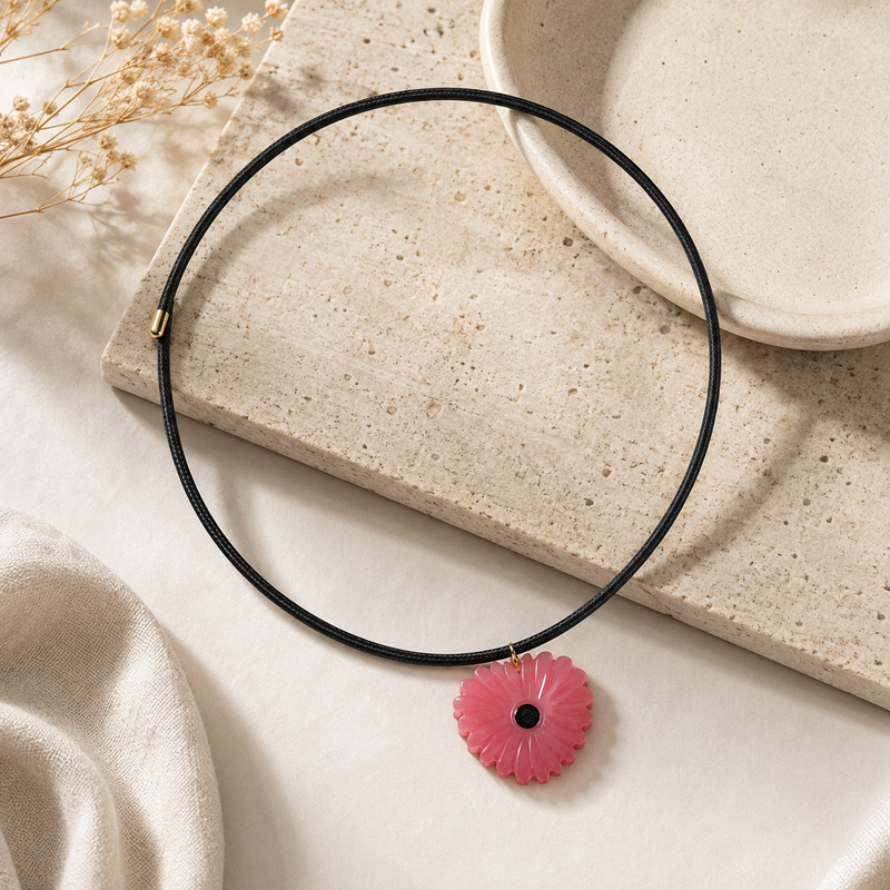 18KT Gold Plated Daisy Carved Natural Stone Heart Pendant in a Magnetic cord