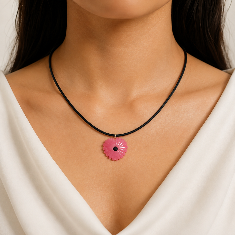 18KT Gold Plated Daisy Carved Natural Stone Heart Pendant in a Magnetic cord