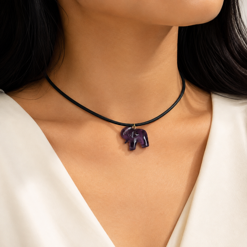 18KT Gold Plated Carved Natural Stone Elephant Pendant in a Magnetic Cord