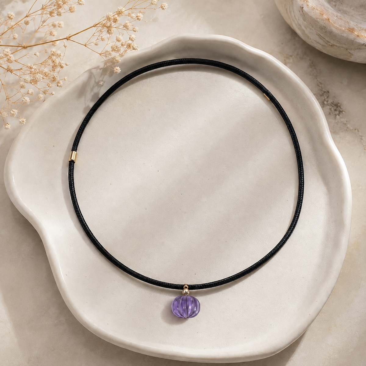 18kt gold plated carved natural stone pumpkin pendant in magnetic cord