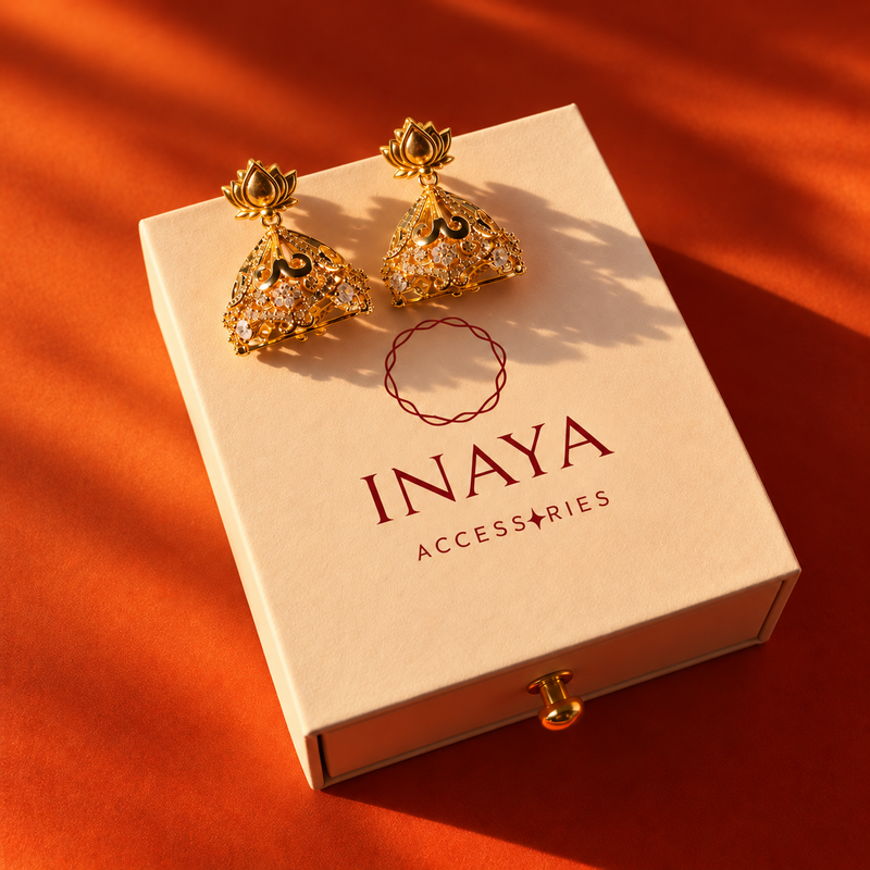 18KT Gold Plated Temple Inspired Lotus Jhumka Cutout Earrings, Nazm