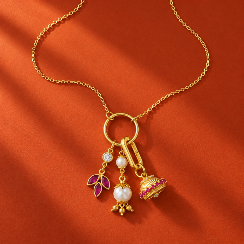 18KT Gold Plated Removable Heritage Pearl Jhumki & Lotus Charm Pendant Necklace, Nina