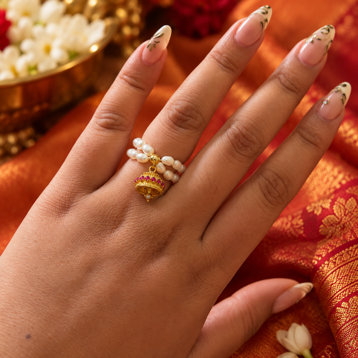 18kt gold plated pearl ghungroo jhumka charm ring, kajol