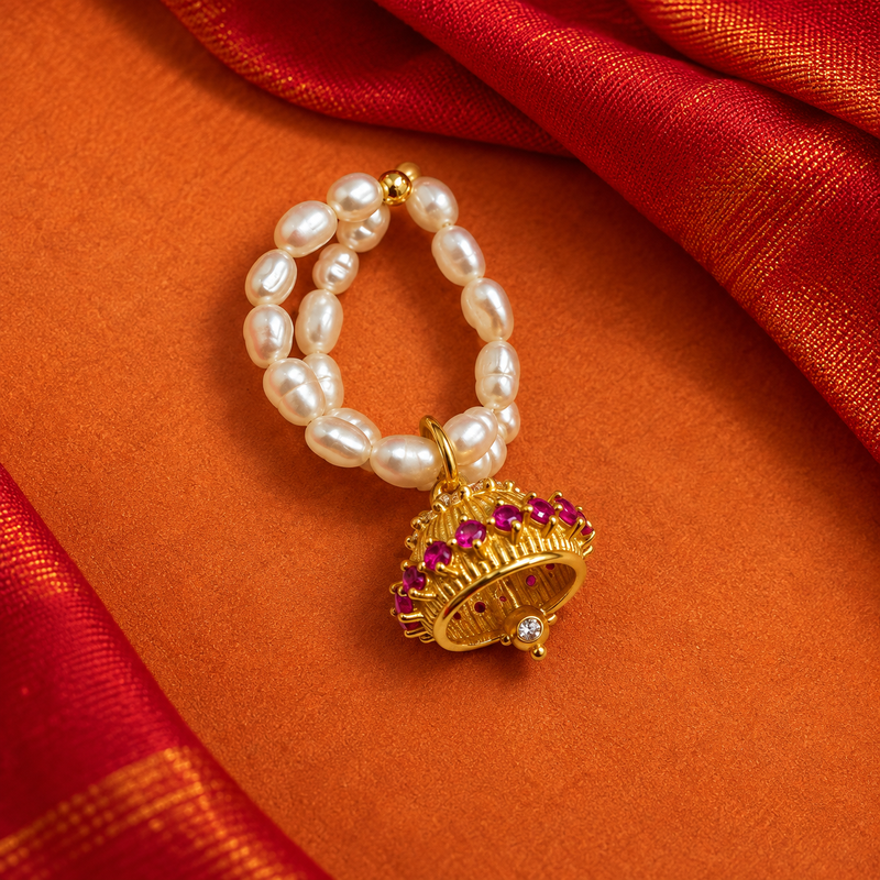 18KT Gold Plated Pearl Ghungroo Jhumka Charm Ring, Kajol