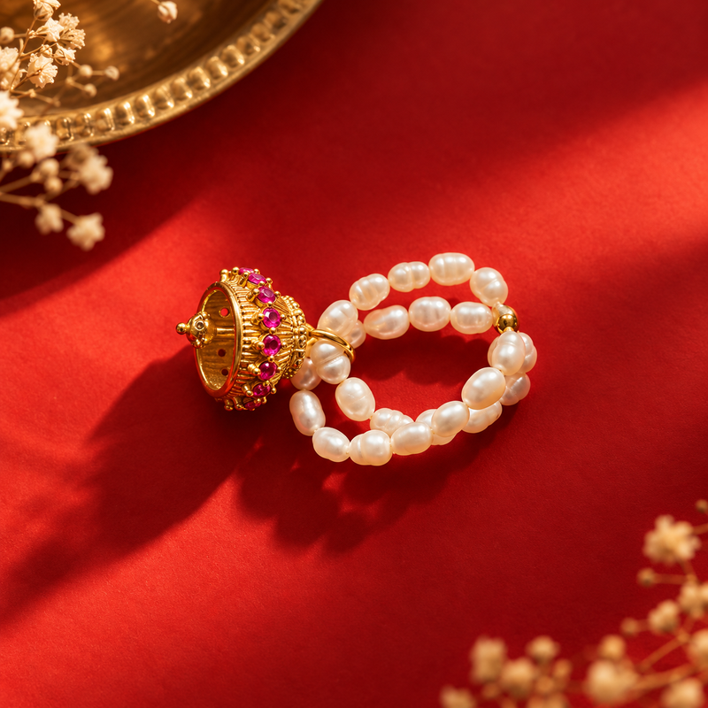 18KT Gold Plated Pearl Ghungroo Jhumka Charm Ring, Kajol
