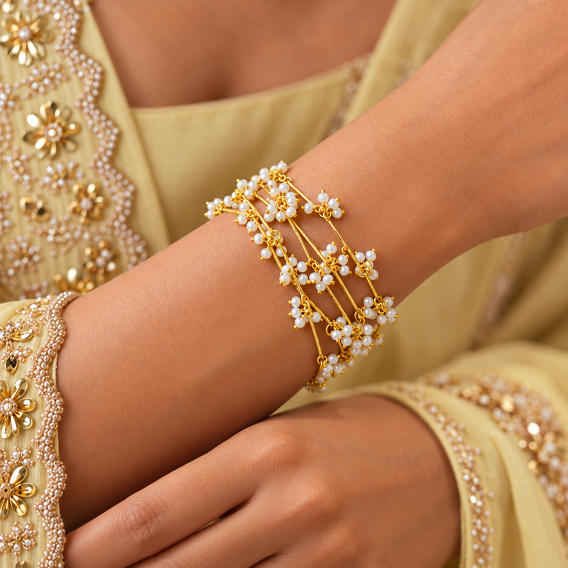 18KT Gold Plated Pearl Multi Purpose Cluster Paperclip Necklace & Wrap Bracelet, Gul