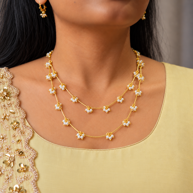 18KT Gold Plated Pearl Multi Purpose Cluster Paperclip Necklace & Wrap Bracelet, Gul