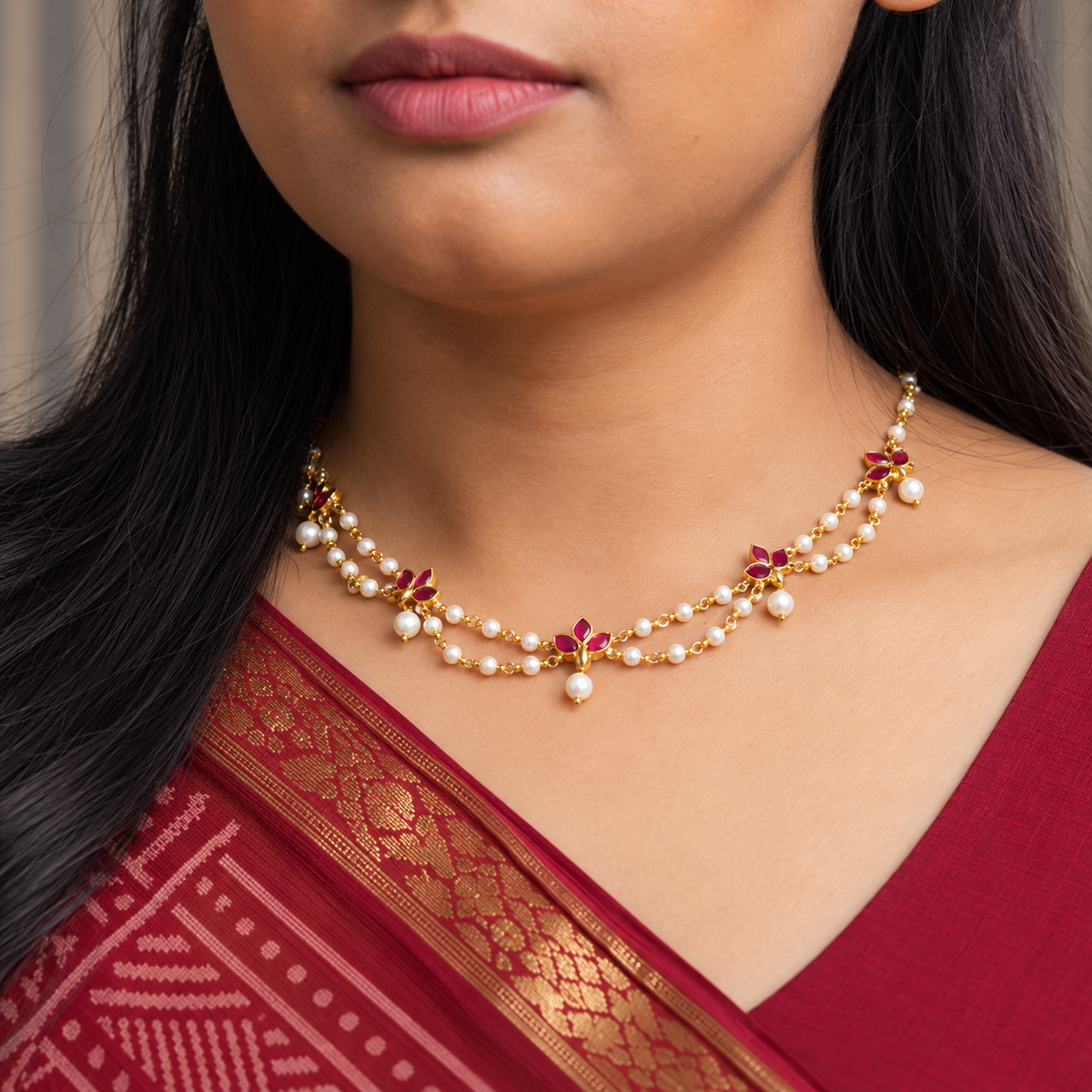 18kt gold plated lotus cascading pearl drape necklace, ivory