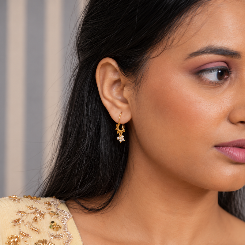 18KT Gold Plated Beaded Pearl Cluster Bali Jhumka Drop Earrings, Karina
