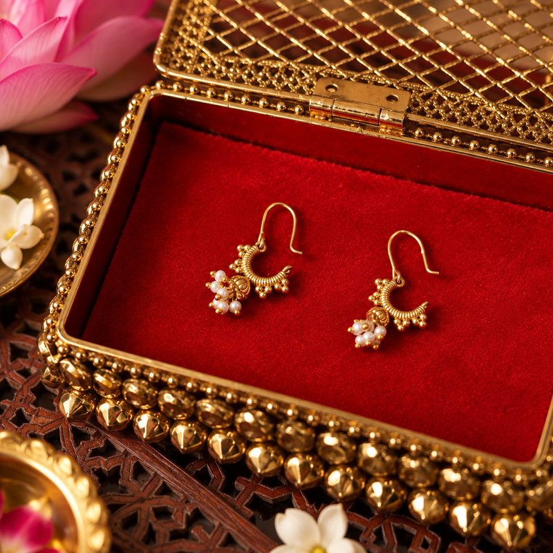 18KT Gold Plated Beaded Pearl Cluster Bali Jhumka Drop Earrings, Karina