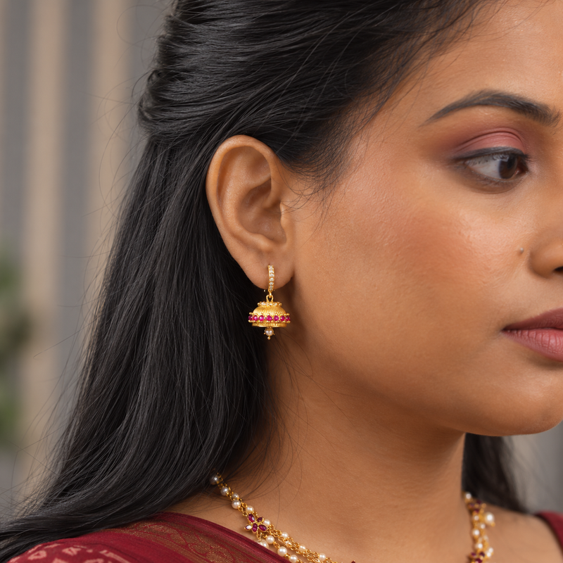 18KT Gold Plated Ruby Zircon Mini Jhumka Hoop Earrings, Nuvi