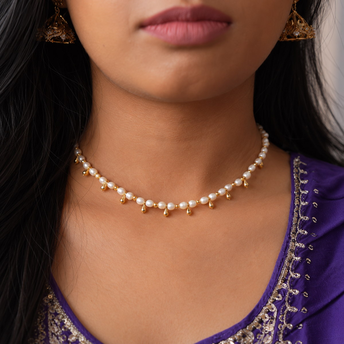 18kt gold plated pearl bell charm choker necklace, panache