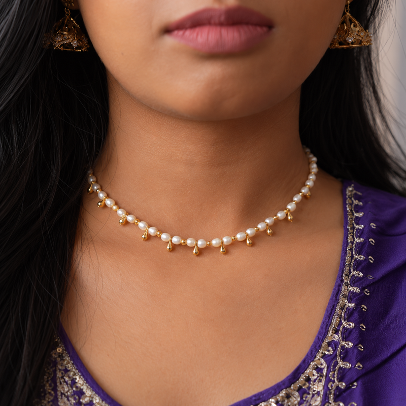 18KT Gold Plated Pearl Bell Charm Choker Necklace, Panache