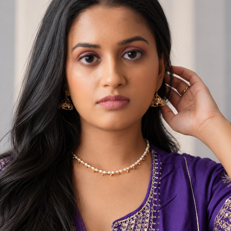 18KT Gold Plated Pearl Bell Charm Choker Necklace, Panache