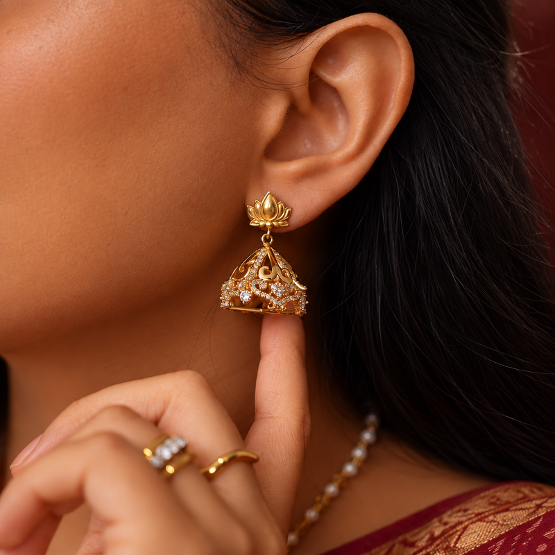 18KT Gold Plated Temple Inspired Lotus Jhumka Cutout Earrings, Nazm