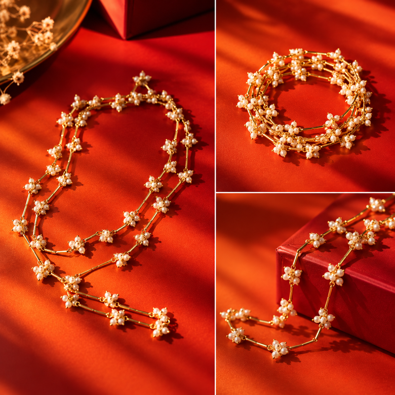 18KT Gold Plated Pearl Multi Purpose Cluster Paperclip Necklace & Wrap Bracelet, Gul