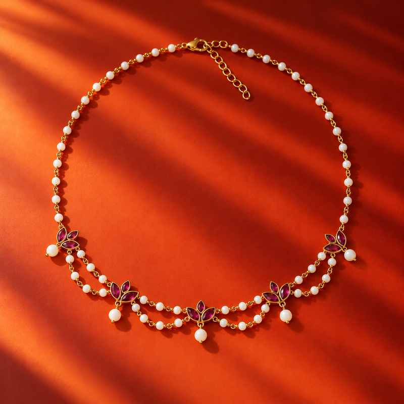 18KT Gold Plated Lotus Cascading Pearl Drape Necklace, Ivory