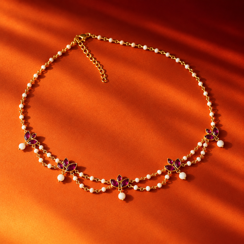18KT Gold Plated Lotus Cascading Pearl Drape Necklace, Ivory