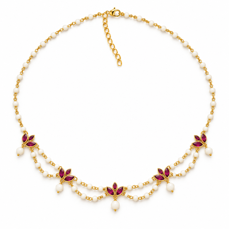 18KT Gold Plated Lotus Cascading Pearl Drape Necklace, Ivory