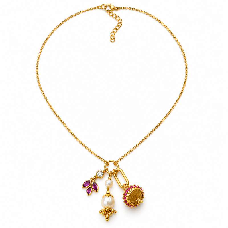 18KT Gold Plated Removable Heritage Pearl Jhumki & Lotus Charm Pendant Necklace, Nina