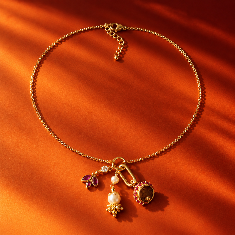 18KT Gold Plated Removable Heritage Pearl Jhumki & Lotus Charm Pendant Necklace, Nina