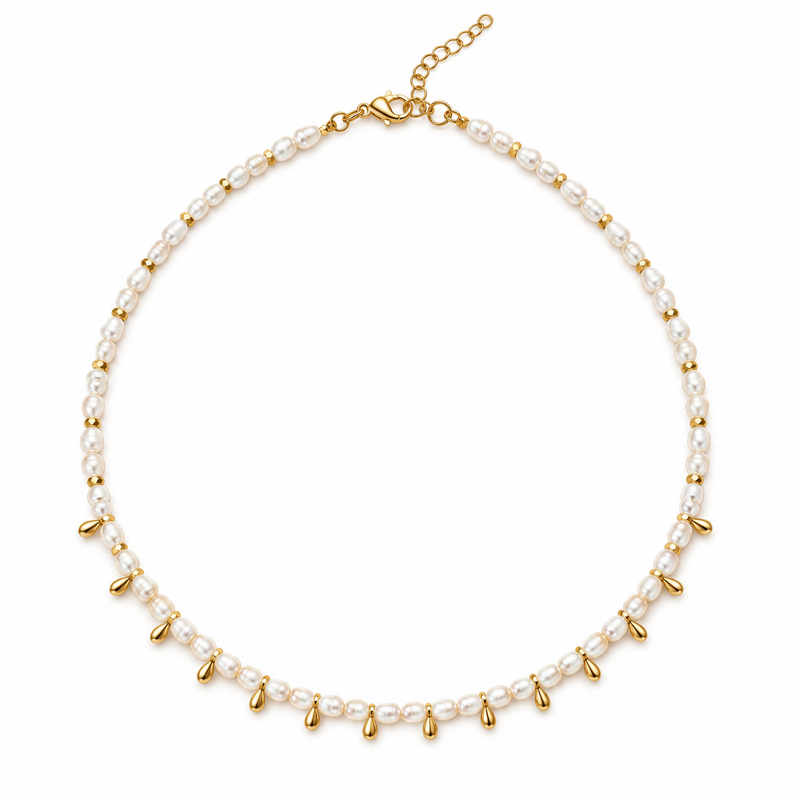 18KT Gold Plated Pearl Bell Charm Choker Necklace, Panache
