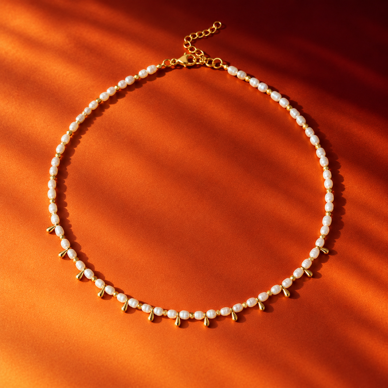 18KT Gold Plated Pearl Bell Charm Choker Necklace, Panache