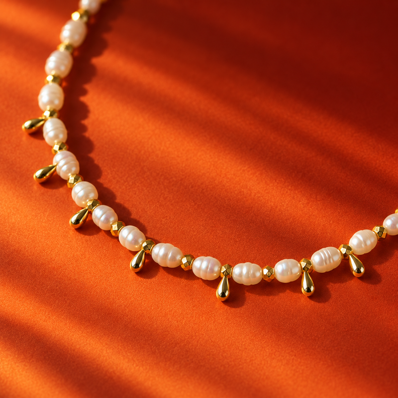 18KT Gold Plated Pearl Bell Charm Choker Necklace, Panache