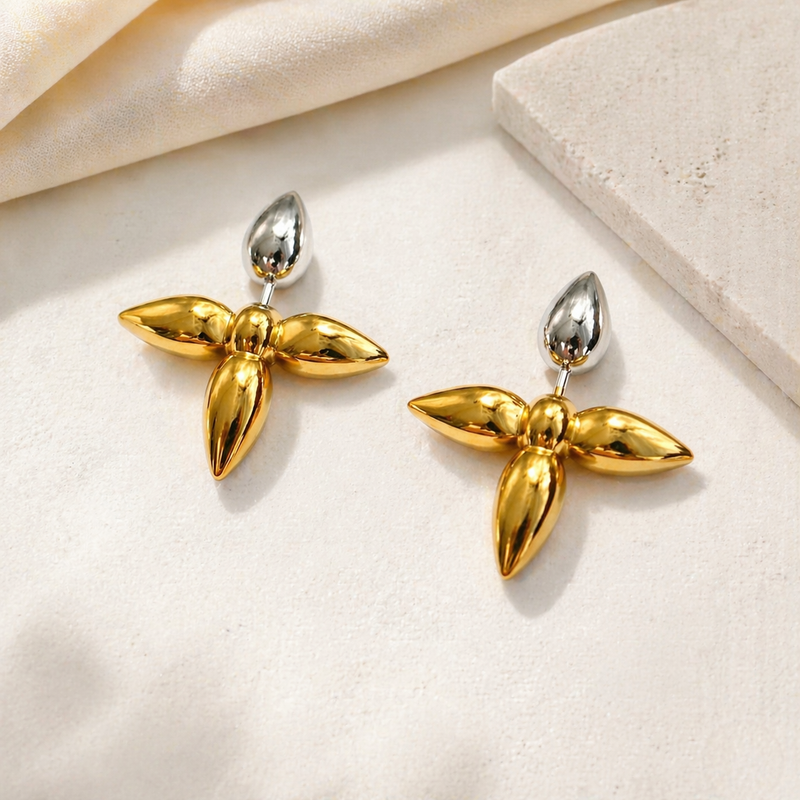18KT Gold Plated Two Tone Metallic Petal Drop Earrings, Orla