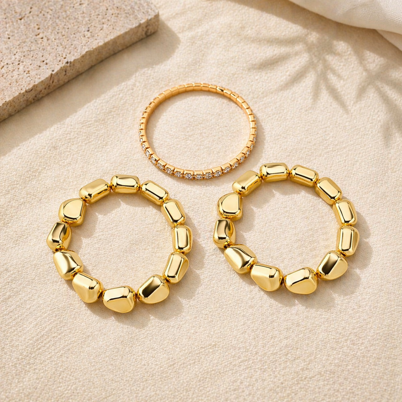 18KT Gold Plated Organic Nugget Pebble Bead  & Tennis Bracelet Set, Valora