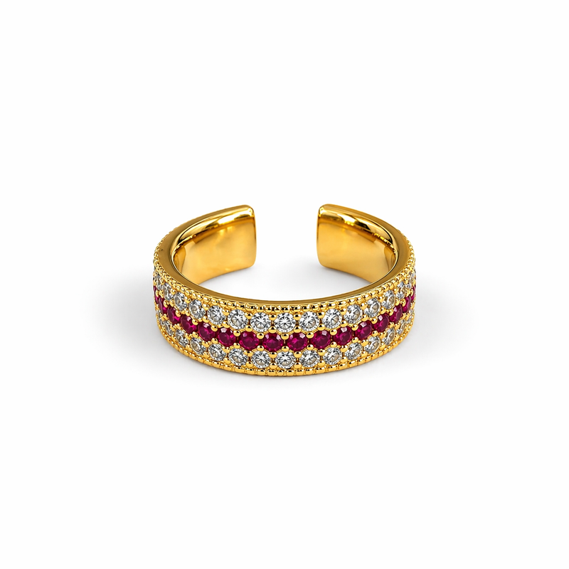 18KT Gold Plated Ruby & Crystal Triple-Row Eternity Band, Calista