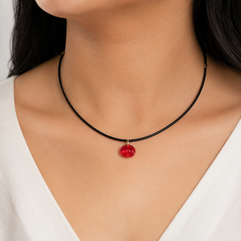 18KT Gold Plated Carved Natural Stone Pumpkin Pendant in Magnetic Cord
